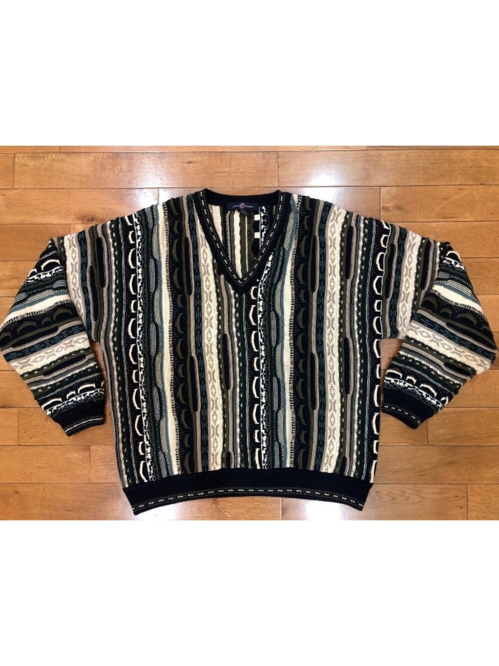 VTG Cotton Traders 3D Knit V-Neck Sweater Men's XL Coogi Style Multi 90s Retro